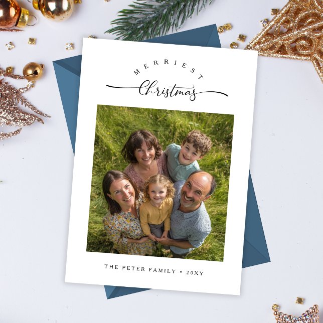 Merriest Christmas Modern Script Family Photo Holiday Card (Creator Uploaded)