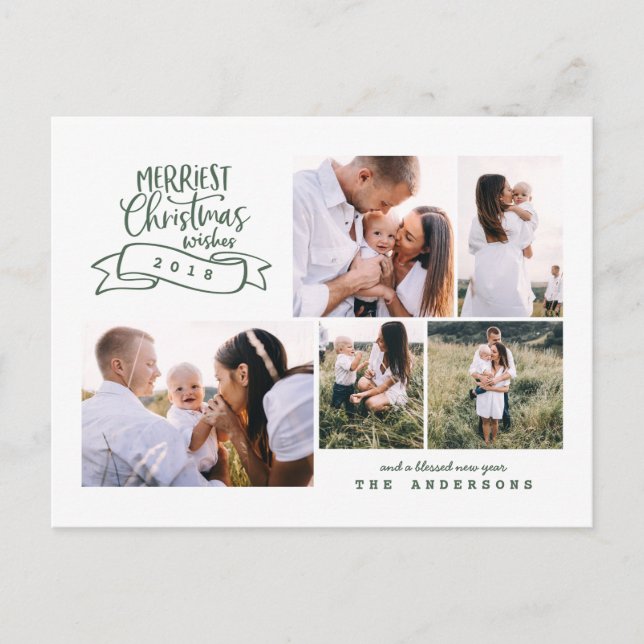 merriest christmas modern script photo holiday postcard (Front)