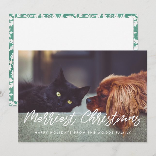 Merriest Christmas Modern Typography Family Photo Holiday Card (Front/Back)