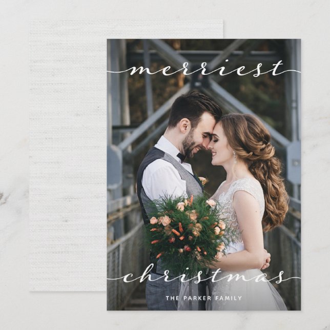 Merriest Christmas | One Photo Script Linen Look Holiday Card (Front/Back)