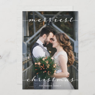 Merriest Christmas   One Photo Script Linen Look Holiday Card