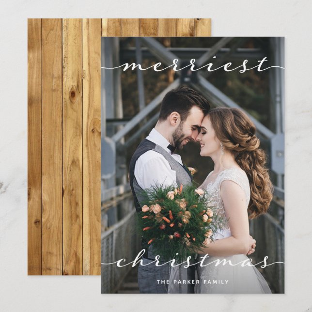 Merriest Christmas | One Photo Script Rustic Wood Holiday Card (Front/Back)