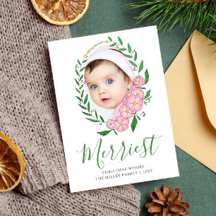Merriest Christmas Oval Floral Wreath Photo Holiday Card