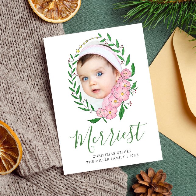 Merriest Christmas Oval Floral Wreath Photo Holiday Card (Creator Uploaded)