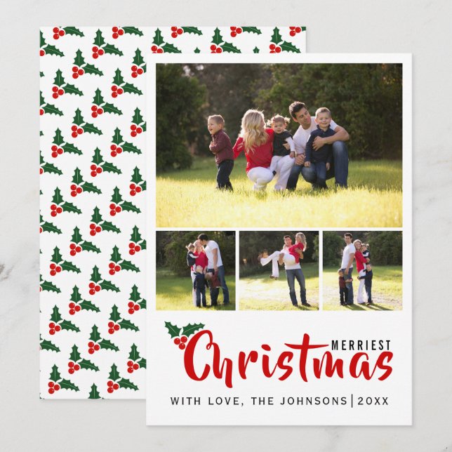 Merriest Christmas photo collage and stripes card (Front/Back)