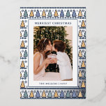 Merriest Christmas Photo Modern Blue Gold Trees Foil Holiday Card<br><div class="desc">Merriest Christmas Photo Modern Blue Gold Trees FoilHoliday Cards Seasonal Cards Christmas Cards features your favourite photo on a modern blue and gold Christmas tree pattern background with the text "Merriest Christmas" in modern blue script typography. Perfect for family and friends for Christmas and the holidays. Created by Evco Studio...</div>