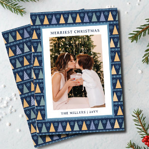 Merriest Christmas Photo Modern Blue Gold Trees Holiday Card