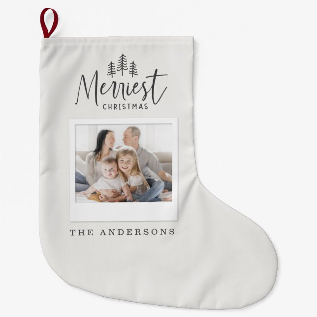Merriest Christmas photo rustic family holiday  Large Christmas Stocking (Front)