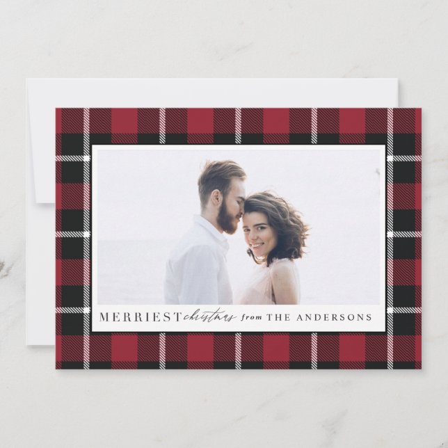 Merriest Christmas plaid check photo Holiday Card (Front)