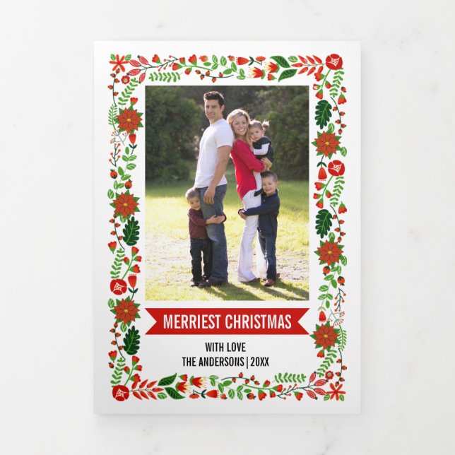Merriest Christmas poinsettia floral border photo Tri-Fold Holiday Card (Cover)