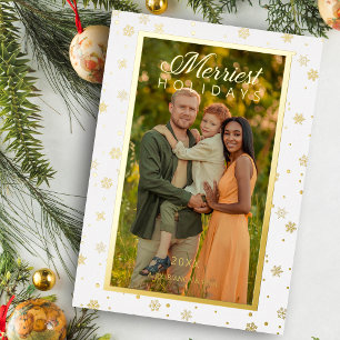 Merriest Christmas Quote Elegant Snowflakes Photo Foil Holiday Card