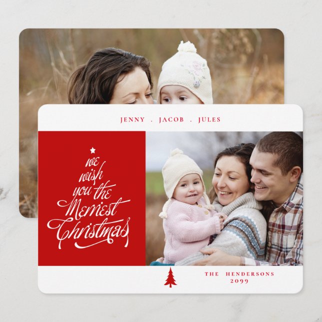 Merriest Christmas Red and White Photo Holiday Card (Front/Back)