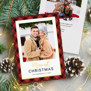 Merriest Christmas Red Buffalo Plaid Photo Gold Foil Holiday Card