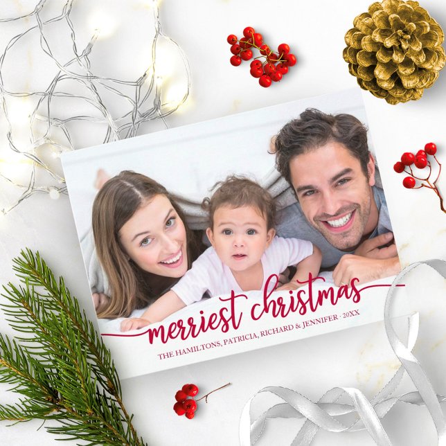 Merriest Christmas Red Calligraphy Full Photo Postcard (Creator Uploaded)
