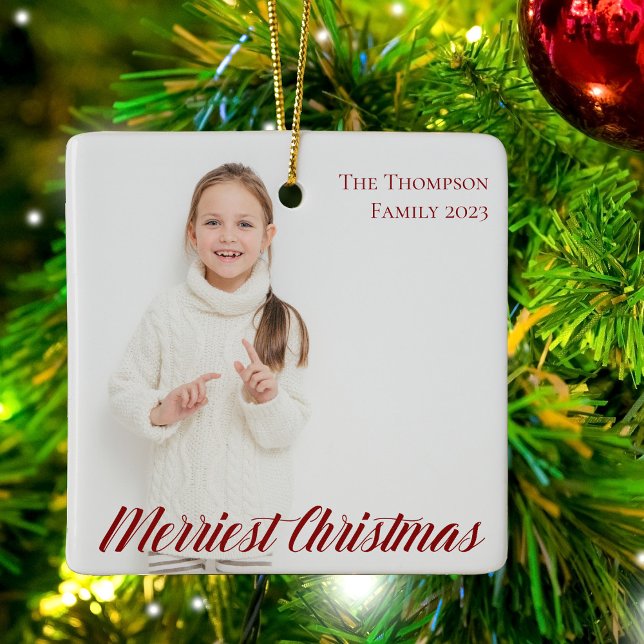 Merriest Christmas Red Script 2 Photo Double Sided Ceramic Ornament (Creator Uploaded)