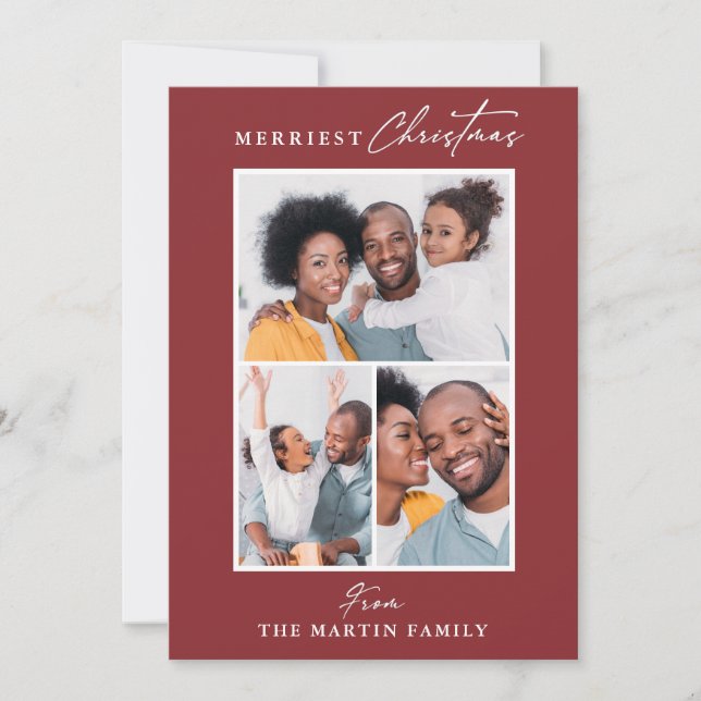 Merriest Christmas Red Three Photo Collage Holiday Card (Front)