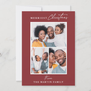 Merriest Christmas Red Three Photo Collage Holiday Card