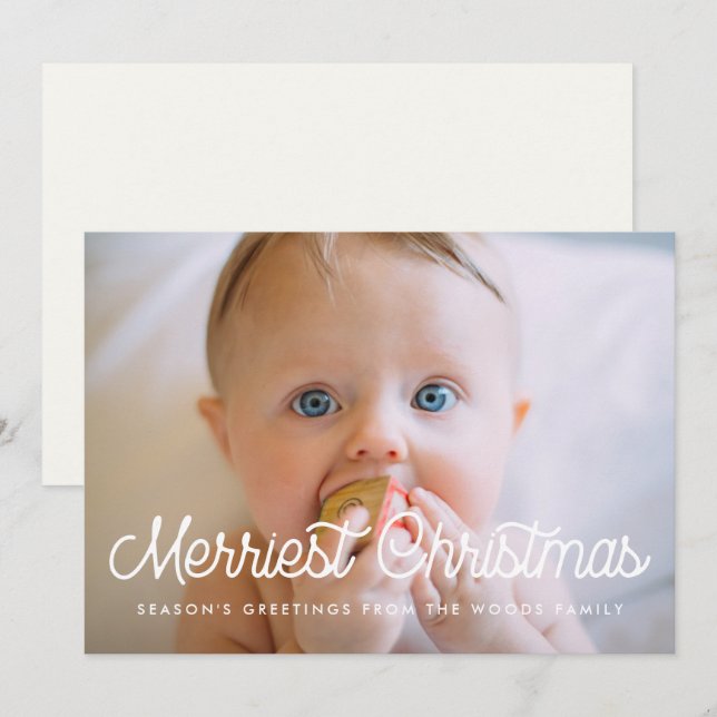 Merriest Christmas Retro script family photo Holiday Card (Front/Back)