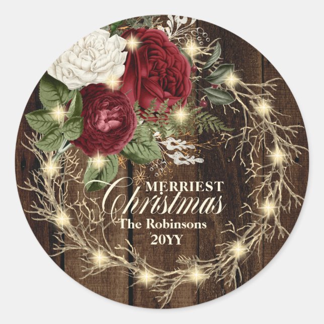 Merriest Christmas - Rustic Woodsy Lighted Wreath Classic Round Sticker (Front)