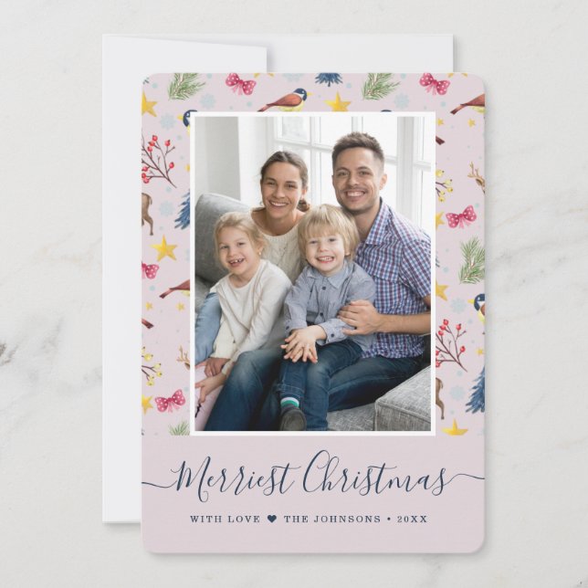 Merriest Christmas Script Pattern Photo Holiday Card (Front)