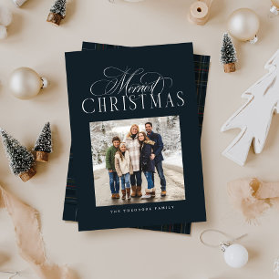 Merriest Christmas simple elegant navy blue photo Holiday Card