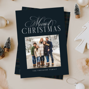 Merriest Christmas simple elegant navy blue photo Holiday Card