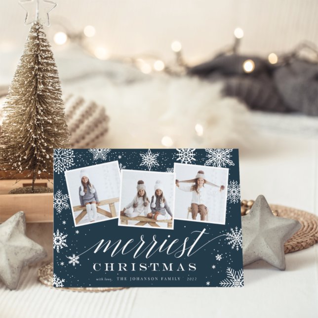 Merriest Christmas | Snowflake 3 Photo Collage Holiday Card (Creator Uploaded)