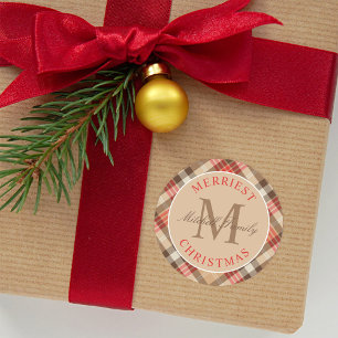 Merriest Christmas Tan Tartan Monogram Family Classic Round Sticker