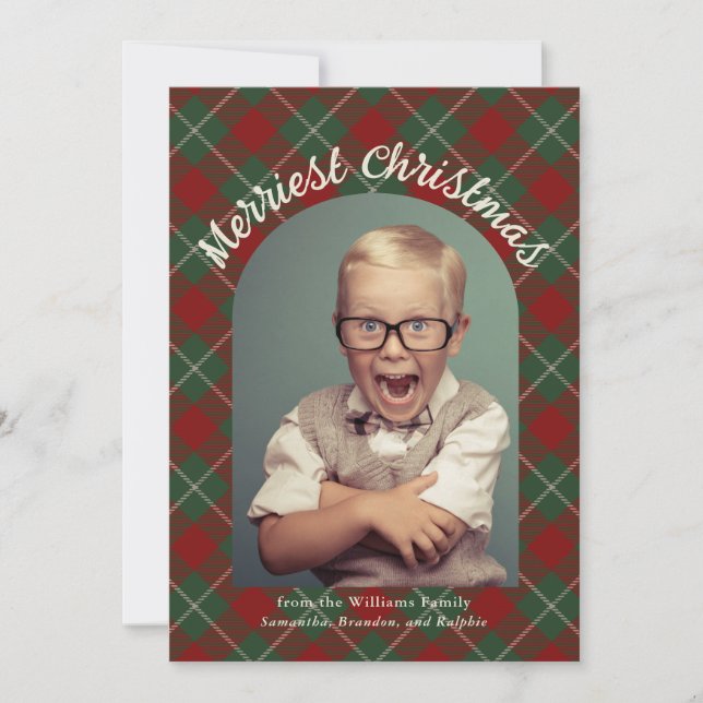 Merriest Christmas Tartan Plaid with Your Photo Holiday Card (Front)