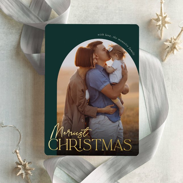 Merriest Christmas Vertical Photo Arch Foil Holiday Card (Creator Uploaded)