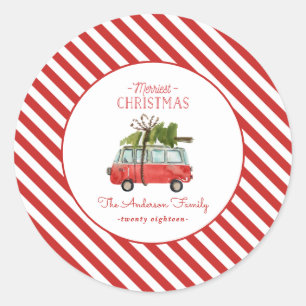 merriest christmas watercolor car classic round sticker