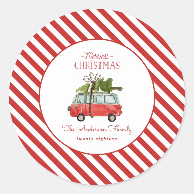 merriest christmas watercolor car classic round sticker (Front)