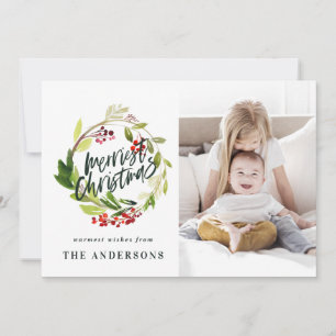 Merriest Christmas watercolor floral photo Holiday Card