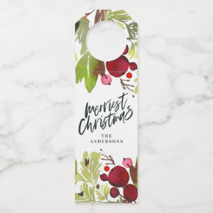 Merriest Christmas watercolor floral script Bottle Tag