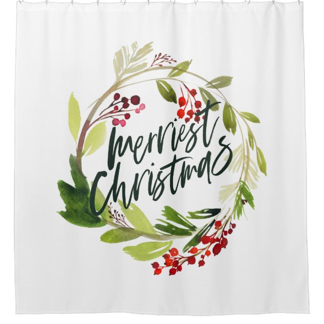 Merriest Christmas Watercolor Floral Shower Curtain (Front)