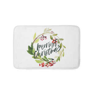 merriest christmas watercolor foliage bath mat