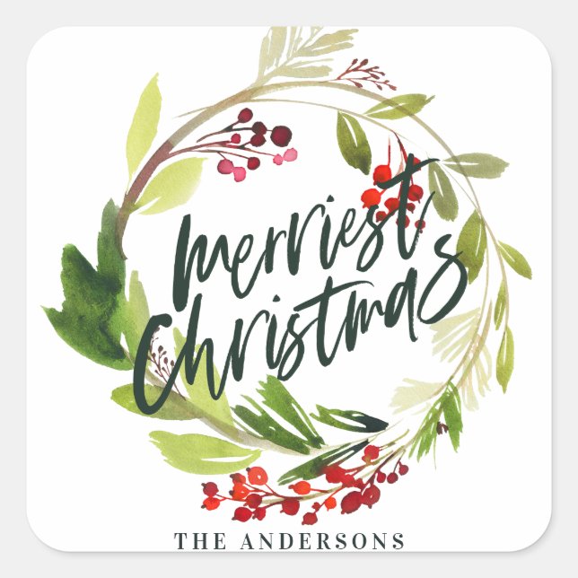Merriest Christmas watercolor foliage floral Square Sticker (Front)