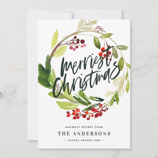 Merriest Christmas watercolor foliage photo card (Front)