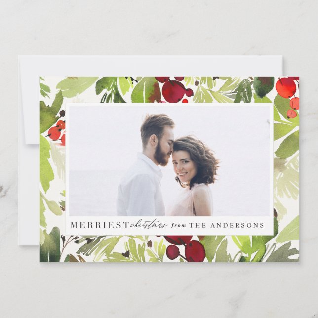 Merriest Christmas watercolor foliage photo Holiday Card (Front)
