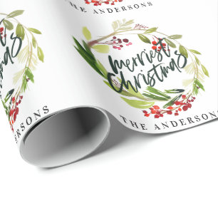 Merriest Christmas watercolor foliage Wrapping Paper