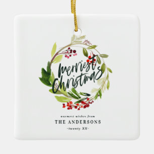 merriest christmas watercolor red berry foliage ceramic ornament