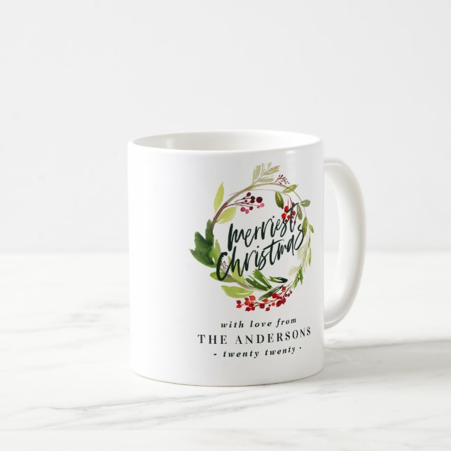merriest christmas watercolor red berry foliage coffee mug (Front Right)