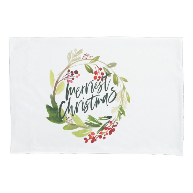 Merriest Christmas watercolor red berry foliage Pillowcase (Front)