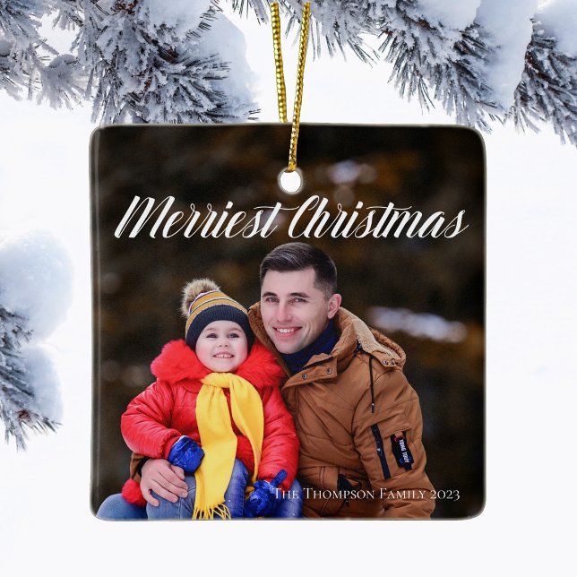 Merriest Christmas White Script Photo Double Sided Ceramic Ornament (Creator Uploaded)