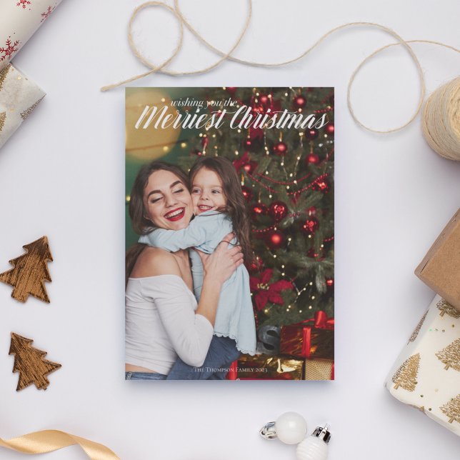 Merriest Christmas White Script Photo Red Back Holiday Card (Creator Uploaded)