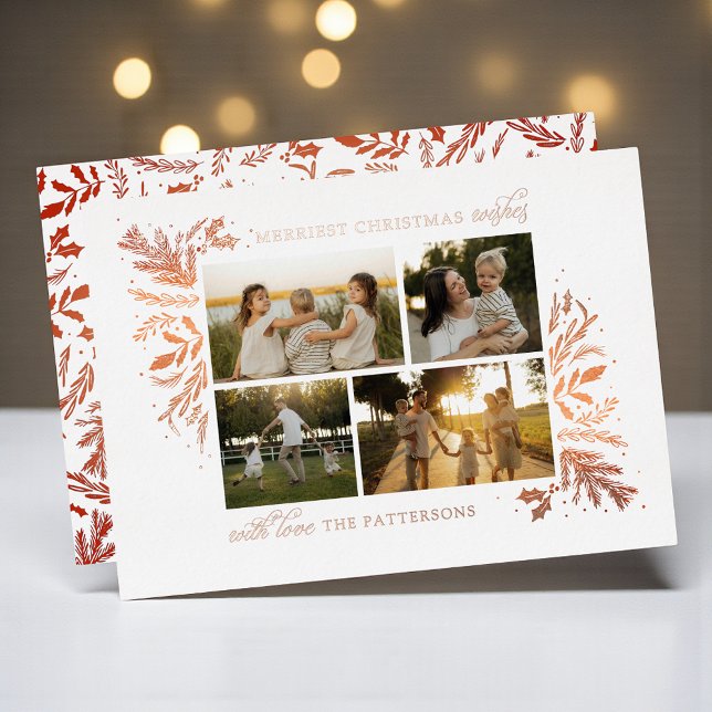 Merriest Christmas Wishes 4 Photo Botanical Floral Foil Holiday Card (Creator Uploaded)