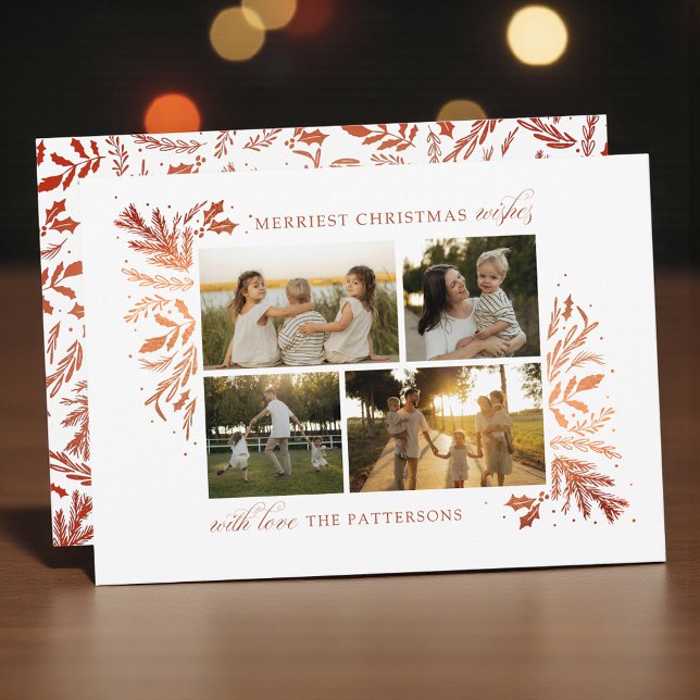 Merriest Christmas Wishes 4 Photo Botanical Floral Holiday Card (Creator Uploaded)