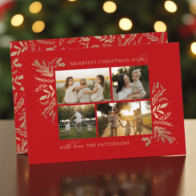 Merriest Christmas Wishes 4 Photo Botanical Floral Holiday Card (Creator Uploaded)