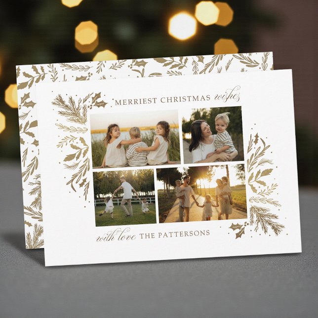 Merriest Christmas Wishes 4 Photo Botanical Floral Holiday Card (Creator Uploaded)