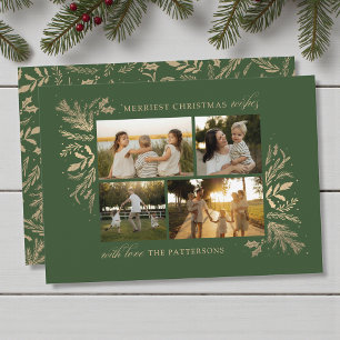 Merriest Christmas Wishes 4 Photo Botanical Floral Holiday Card